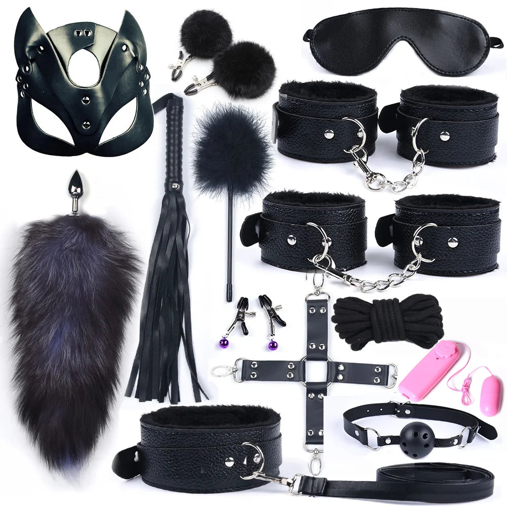 Sex toys for Women, Bdsm Sex Bondage Set ,Handcuffs Whip 40CM Fox Tail Anal Plug Adult Games