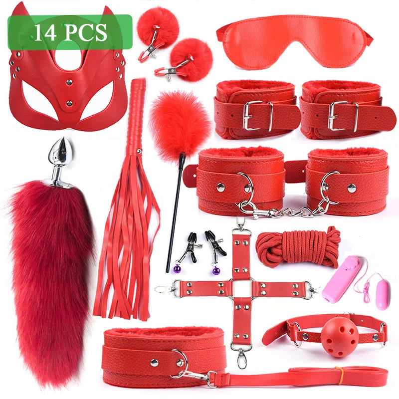Sex toys for Women, Bdsm Sex Bondage Set ,Handcuffs Whip 40CM Fox Tail Anal Plug Adult Games