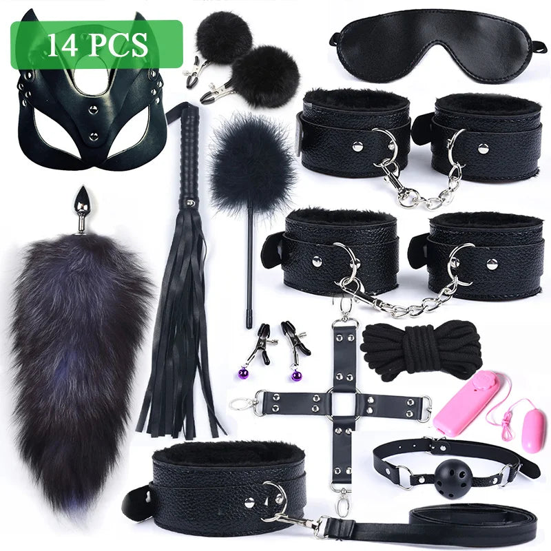 Sex toys for Women, Bdsm Sex Bondage Set ,Handcuffs Whip 40CM Fox Tail Anal Plug Adult Games