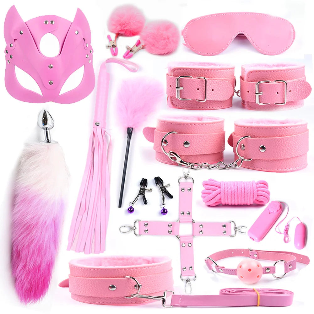 Sex toys for Women, Bdsm Sex Bondage Set ,Handcuffs Whip 40CM Fox Tail Anal Plug Adult Games