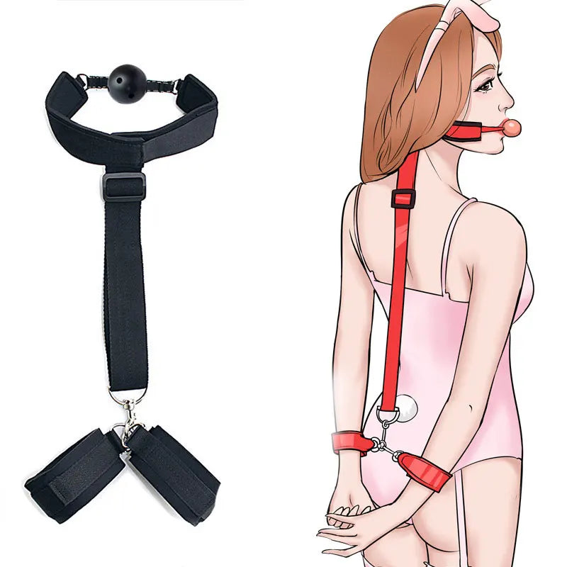 Sex Toys For Couples, BDSM Fetish SM, At The Back Bondage Handcuffs Kit Mouth Plug, Adult Games