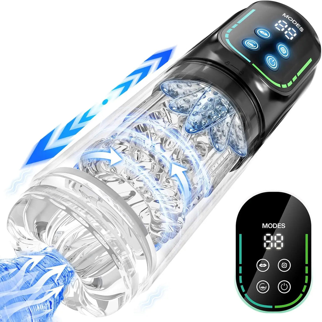Automatic Thrusting Rotation Sucking Male Masturbator, LCD, Licking Vacuum Penis Pump, Water SPA Real Pocket Pussy Sex Toys for Men