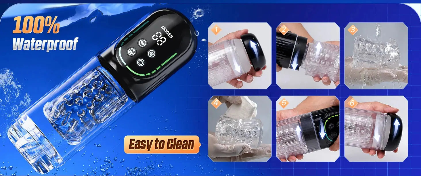 Automatic Thrusting Rotation Sucking Male Masturbator, LCD, Licking Vacuum Penis Pump, Water SPA Real Pocket Pussy Sex Toys for Men