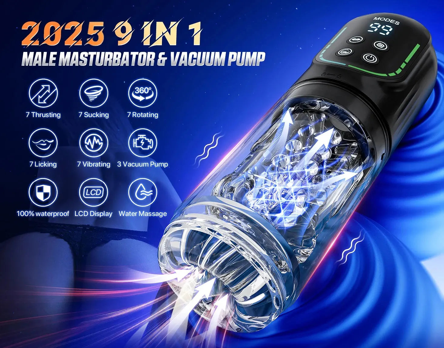 Automatic Thrusting Rotation Sucking Male Masturbator, LCD, Licking Vacuum Penis Pump, Water SPA Real Pocket Pussy Sex Toys for Men
