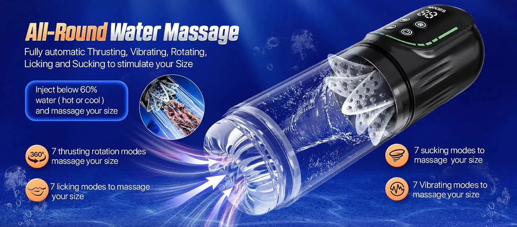 Automatic Thrusting Rotation Sucking Male Masturbator, LCD, Licking Vacuum Penis Pump, Water SPA Real Pocket Pussy Sex Toys for Men